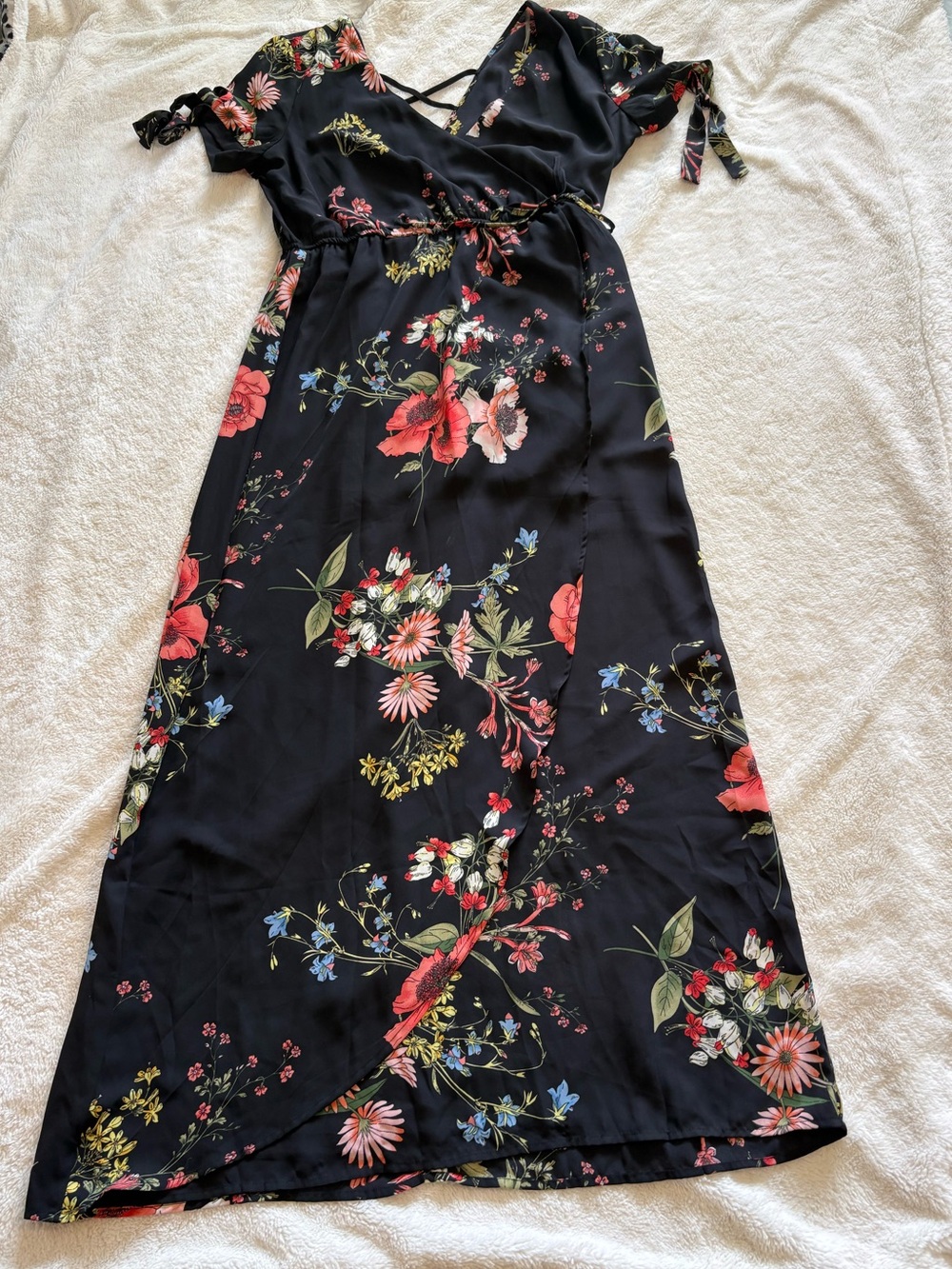 Black Floral Wrap Maxi Dress with Pink & Red Blooms